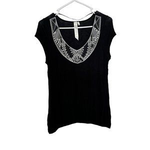 Live and Let Live Top Black Knit with Silver Thread on Neckline Womans Size M